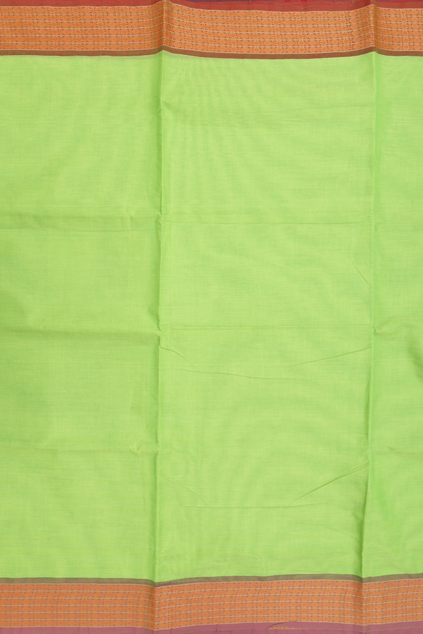 Nine Yards Cotton Saree In Lime Green With Threadwork Border