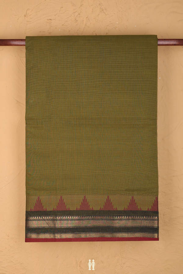 Nine Yards Cotton Saree In Mehendi Green With Zari Border