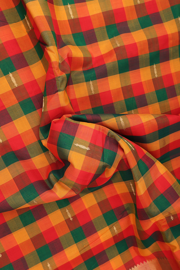 Nine Yards Silk Cotton Saree Multicolor With Checks Design