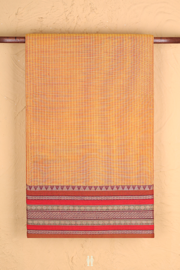 Nine Yards Cotton Saree In Mustard Orange With Checks Design