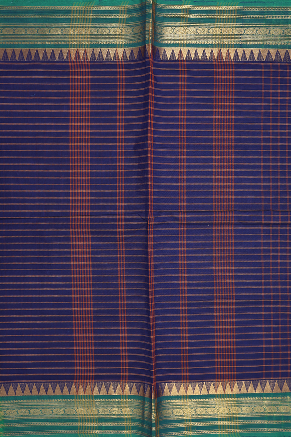 Nine Yards Cotton Saree In Navy Blue With Contrast Border