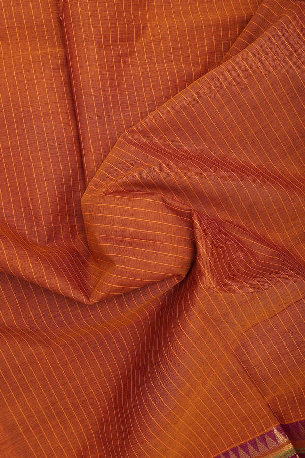 Nine Yards Cotton Saree In Ochre Orange With Stripes Design