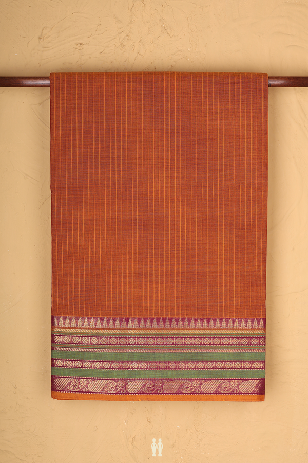 Nine Yards Cotton Saree In Ochre Orange With Stripes Design