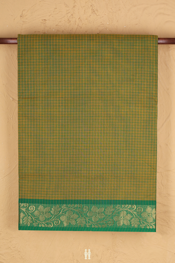 Nine Yards Cotton Saree In Olive Green With Checks Design