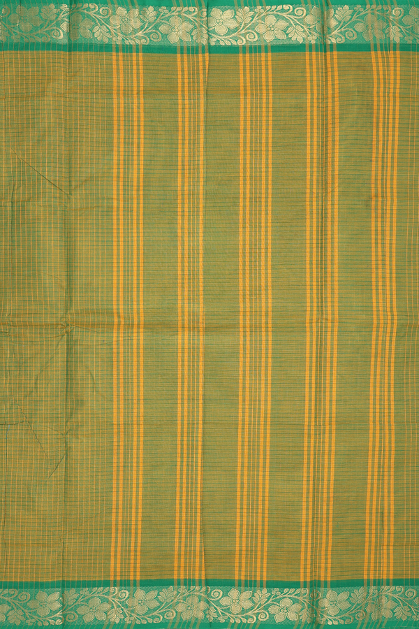 Nine Yards Cotton Saree In Olive Green With Checks Design