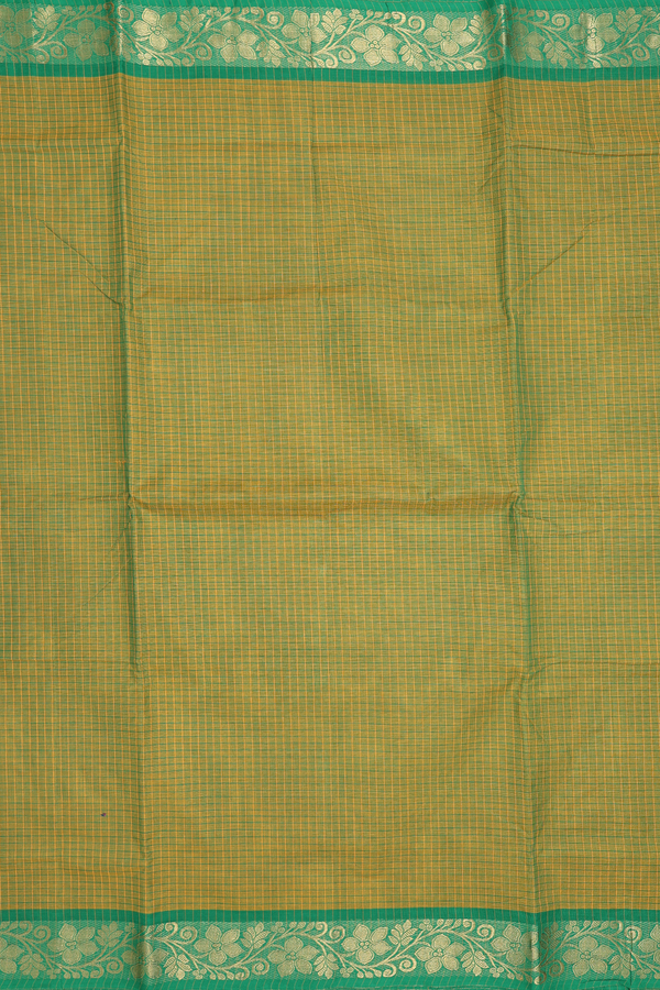 Nine Yards Cotton Saree In Olive Green With Checks Design
