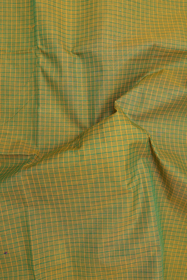 Nine Yards Cotton Saree In Olive Green With Checks Design