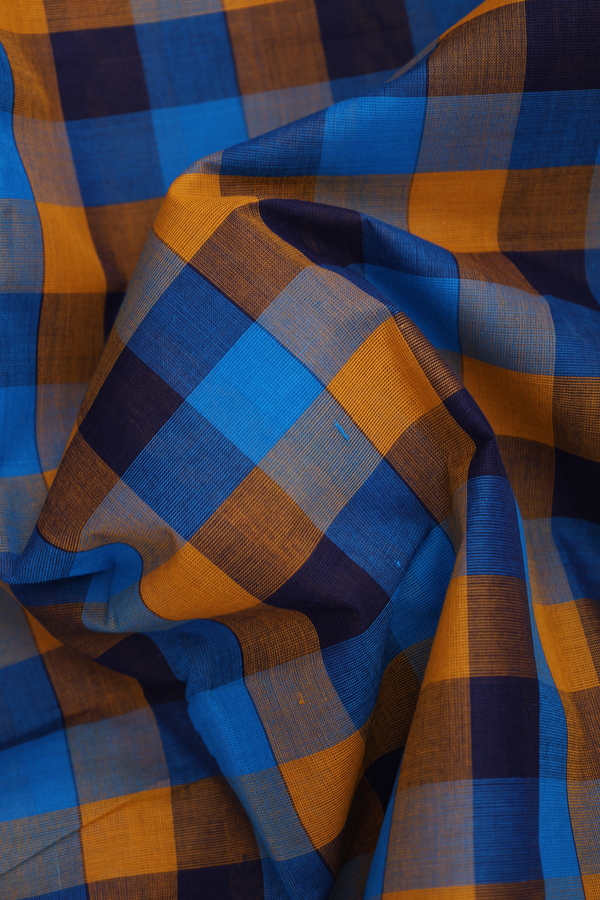 Nine Yards Cotton Saree In Orange And Blue With Checks Design