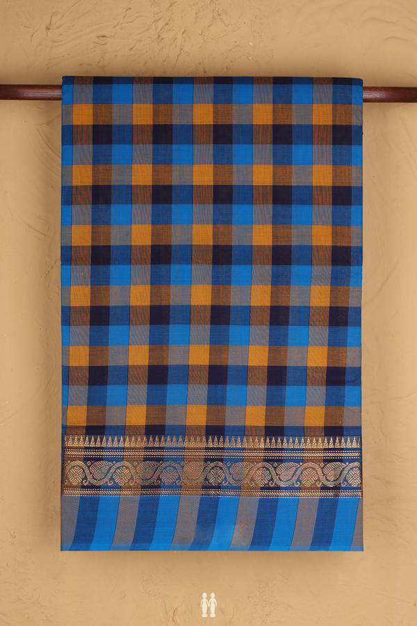 Nine Yards Cotton Saree In Orange And Blue With Checks Design