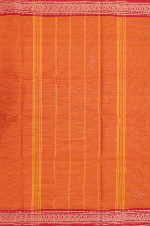 Nine Yards Cotton Saree In Orange With Threadwork Border