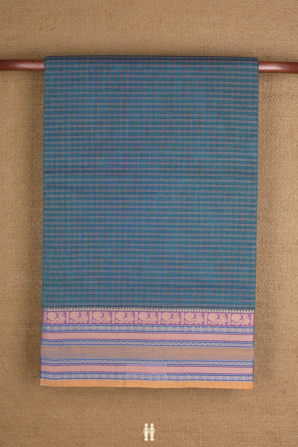 Nine Yards Cotton Saree In Teal Blue With Checks Design