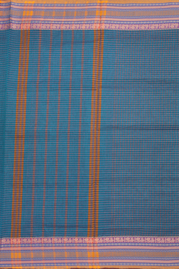 Nine Yards Cotton Saree In Teal Blue With Checks Design
