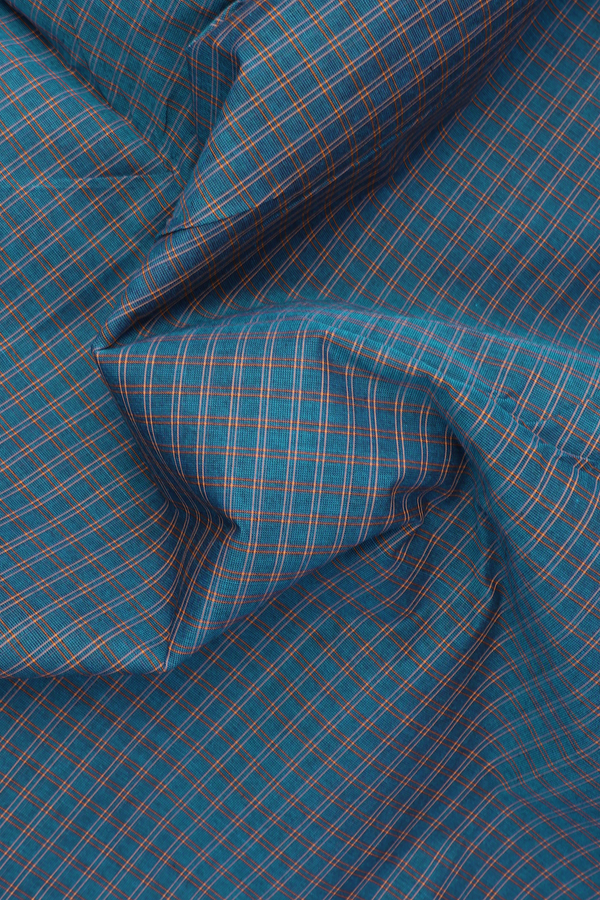 Nine Yards Cotton Saree In Teal Blue With Checks Design