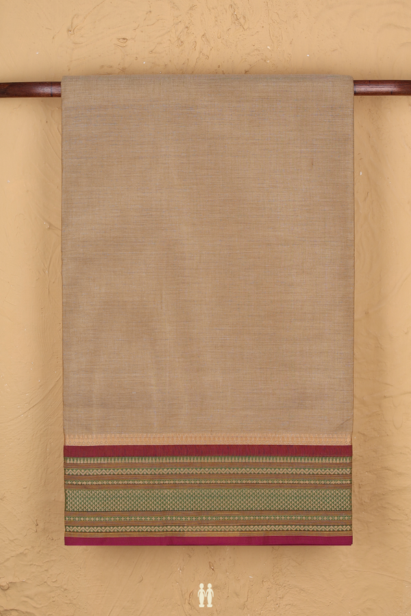 Nine Yards Cotton Saree Pastel Brown With Threadwork Border