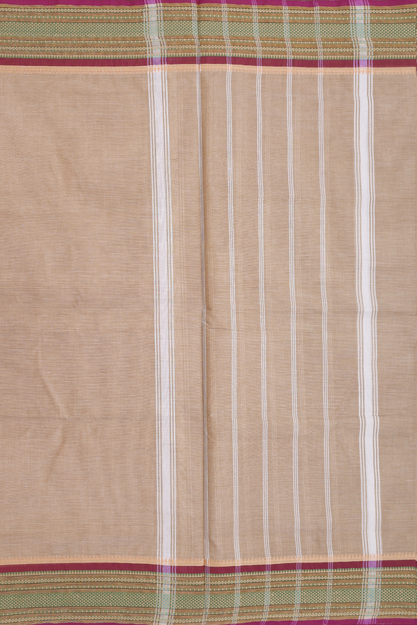 Nine Yards Cotton Saree Pastel Brown With Threadwork Border