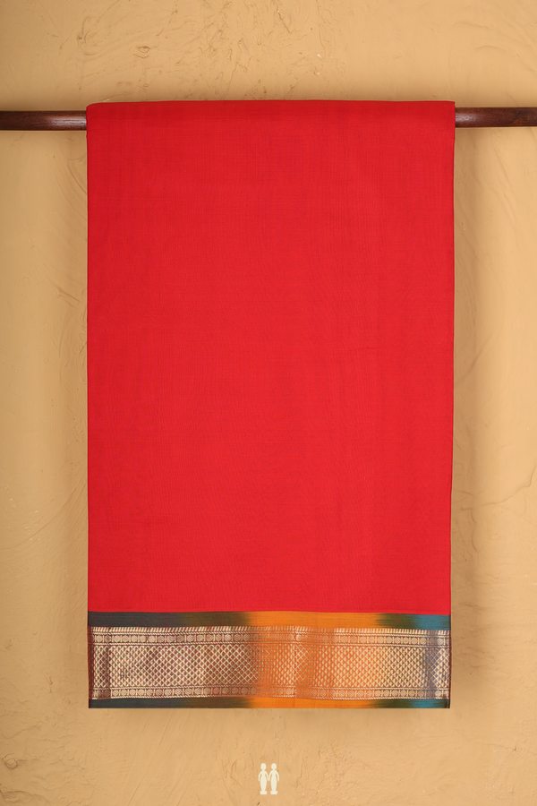 Nine Yards Silk Cotton Saree In Red With Arai Maadam Border