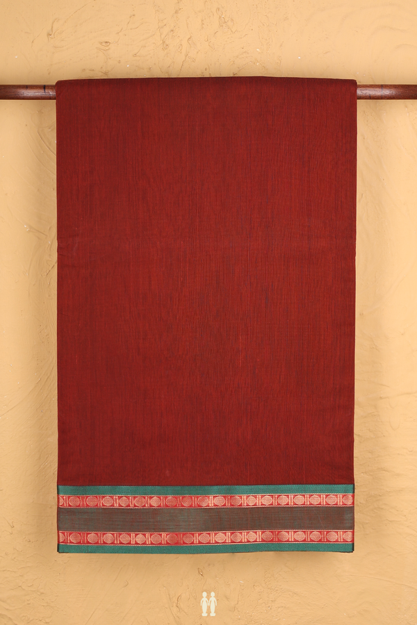 Nine Yards Silk Cotton Saree Brick Brown With Contrast Borde