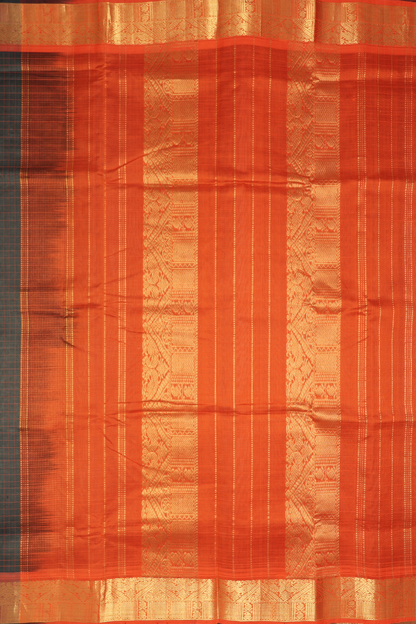 Nine Yards Silk Cotton Saree Cedar Green With Checks Design