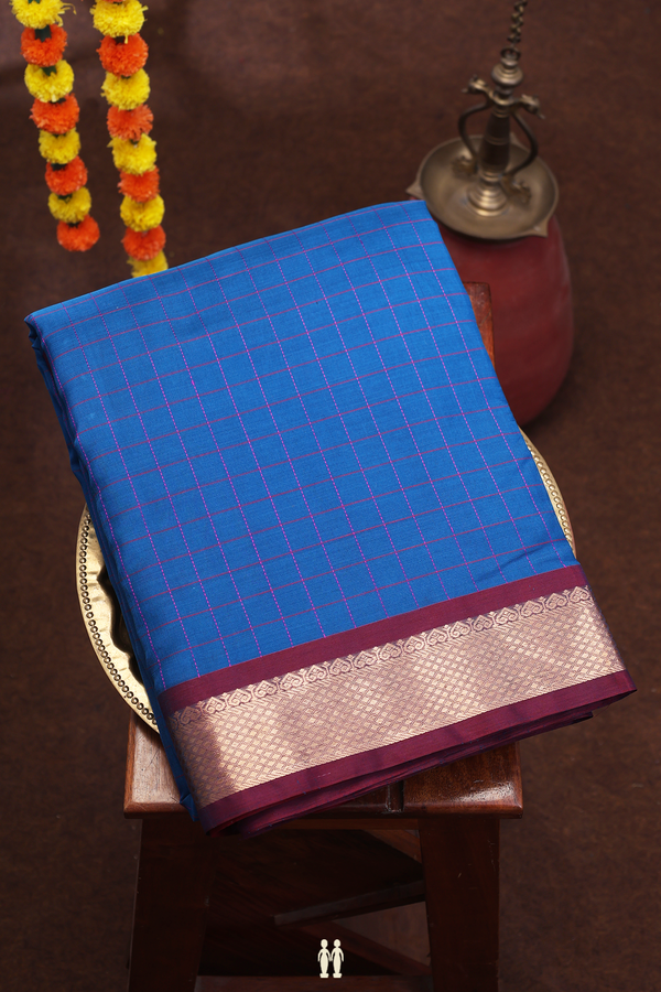 Nine Yards Silk Cotton Saree Cerulean Blue With Checks Design