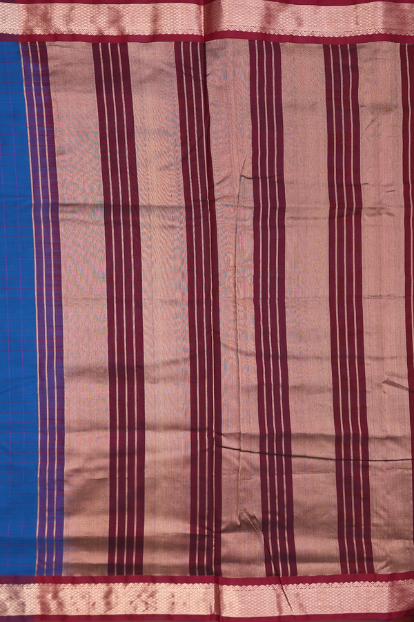 Nine Yards Silk Cotton Saree Cerulean Blue With Checks Design