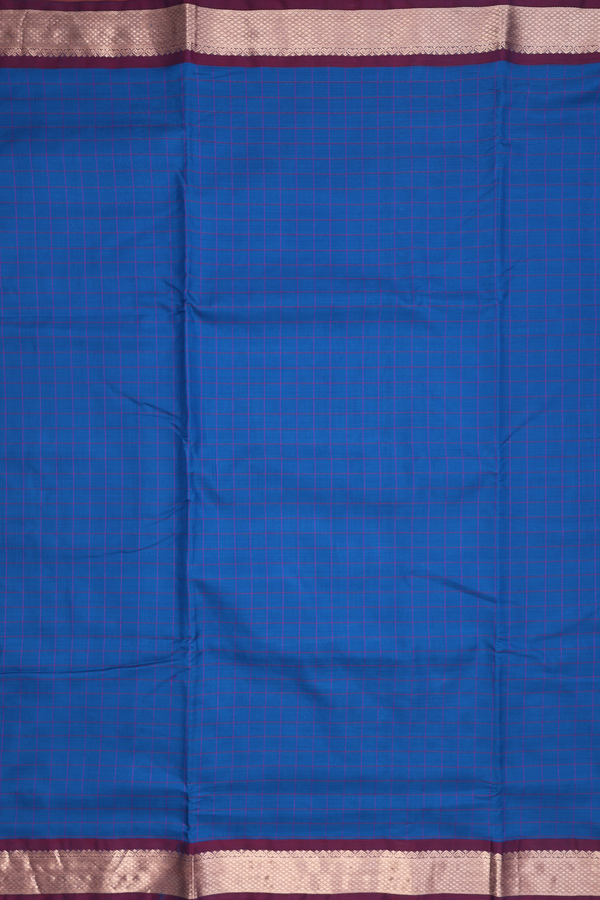 Nine Yards Silk Cotton Saree Cerulean Blue With Checks Design