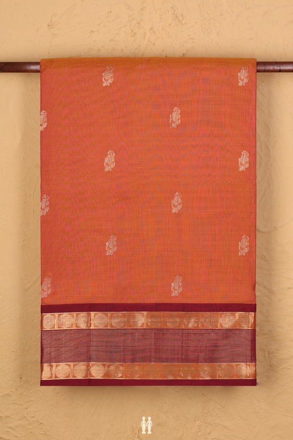 Nine Yards Silk Cotton Saree Coral Orange With Floral Buttas
