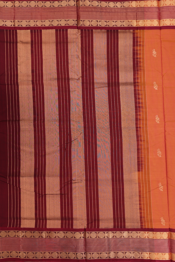 Nine Yards Silk Cotton Saree Coral Orange With Floral Buttas