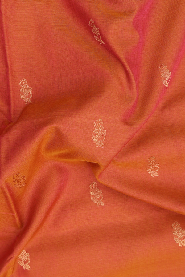 Nine Yards Silk Cotton Saree Coral Orange With Floral Buttas