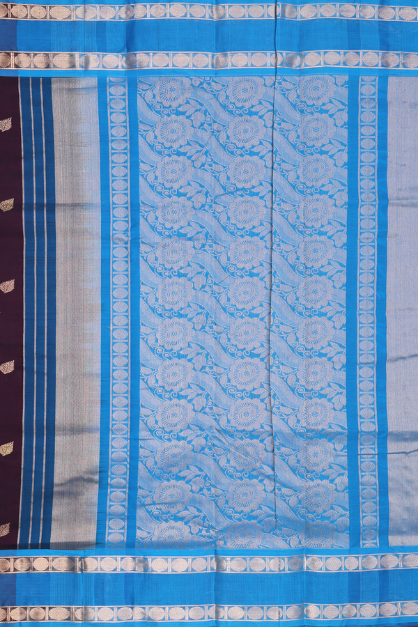 Nine Yards Silk Cotton Saree Dark Oak Brown With Leaf Buttas