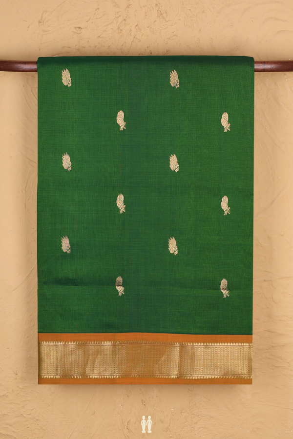 Nine Yards Silk Cotton Saree Fern Green With Floral Buttas