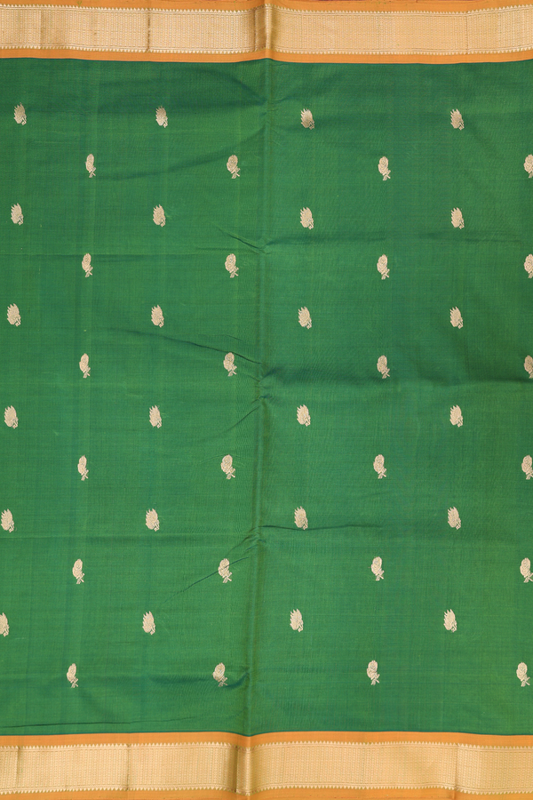 Nine Yards Silk Cotton Saree Fern Green With Floral Buttas