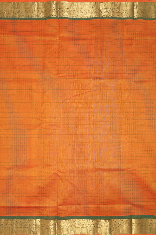 Nine Yards Silk Cotton Saree Ginger Orange With Checks Design