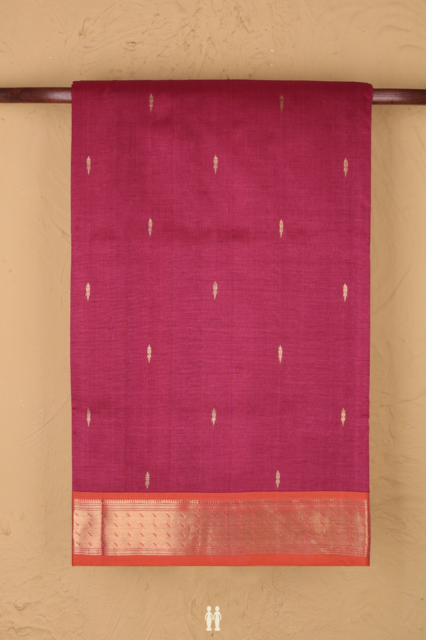Nine Yards Silk Cotton Saree Hibiscus Red With Zari Buttas
