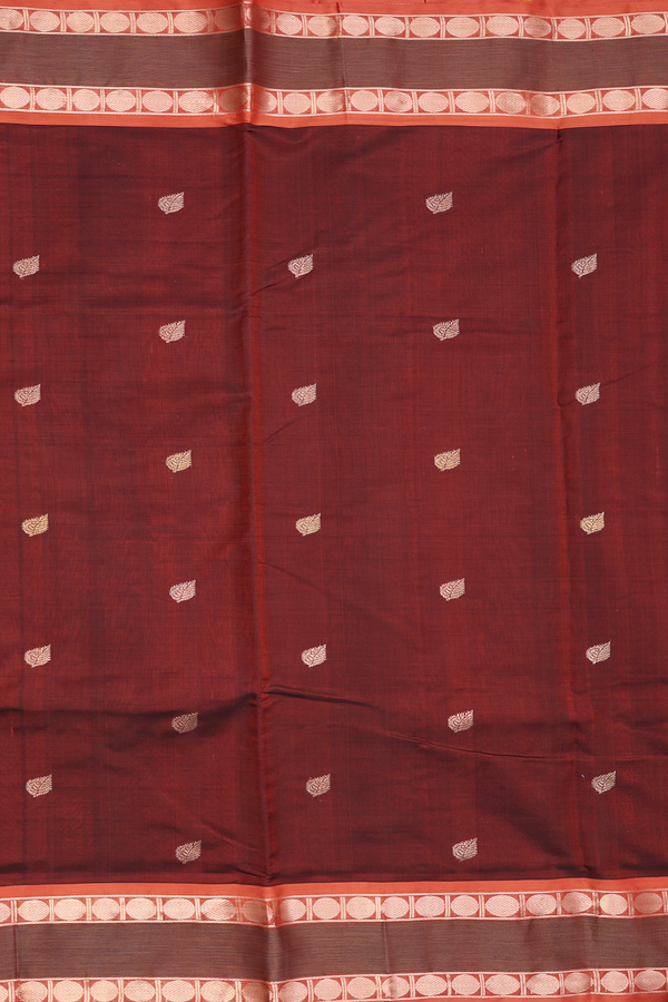 Nine Yards Silk Cotton Saree In Brown With Leaf Buttas
