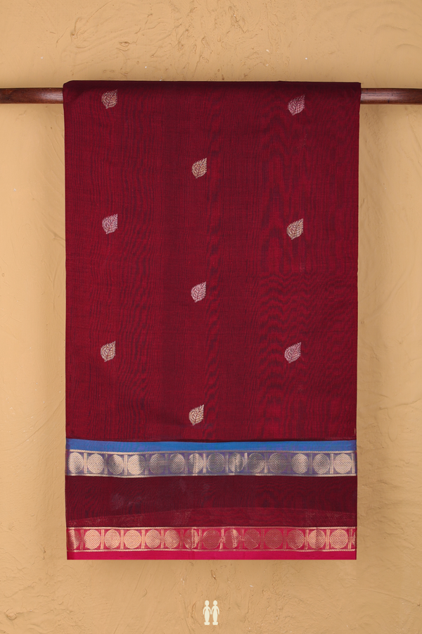 Nine Yards Silk Cotton Saree In Burgundy Red With Zari Buttas