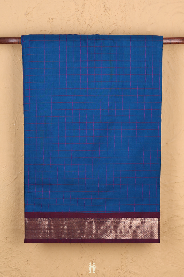 Nine Yards Silk Cotton Saree In Capri Blue With Checks Design