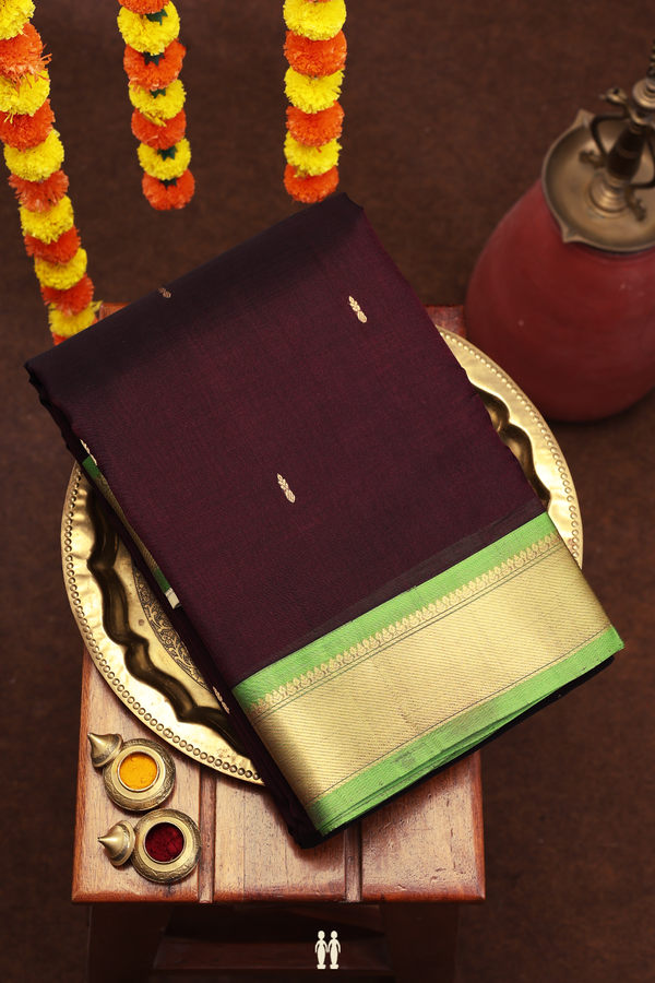 Nine Yards Silk Cotton Saree In Coffee Brown With Zari Buttas
