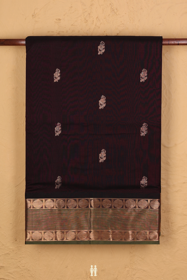 Nine Yards Silk Cotton Saree In Dark Brown With Floral Buttas