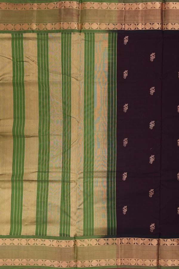 Nine Yards Silk Cotton Saree In Dark Brown With Floral Buttas
