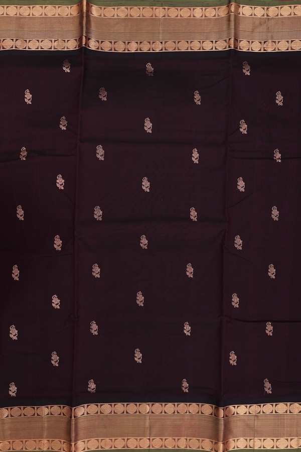 Nine Yards Silk Cotton Saree In Dark Brown With Floral Buttas