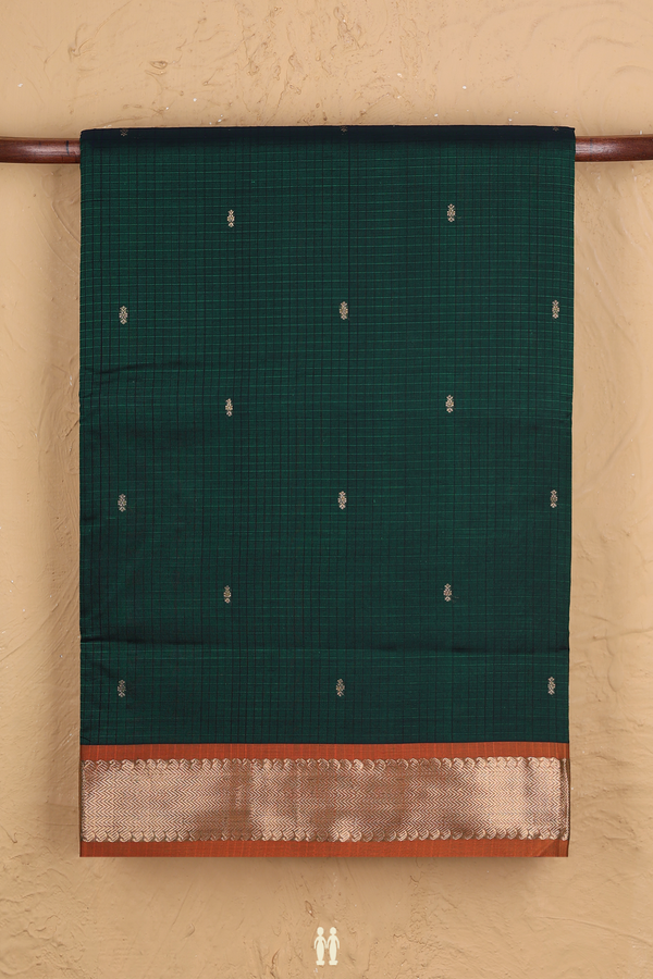 Nine Yards Silk Cotton Saree In Dark Green With Checks Design