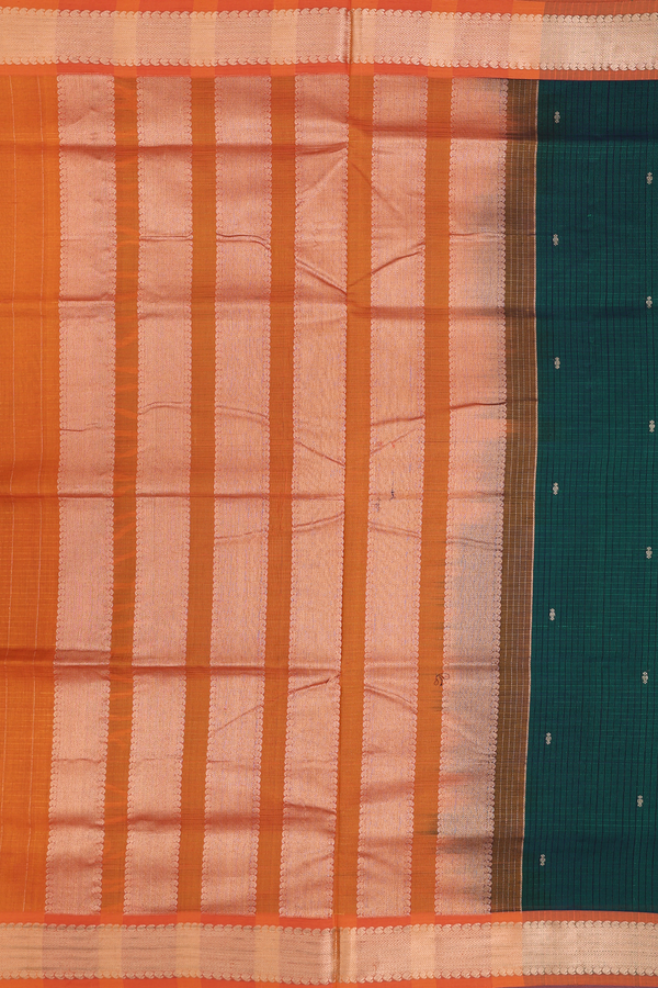 Nine Yards Silk Cotton Saree In Dark Green With Checks Design