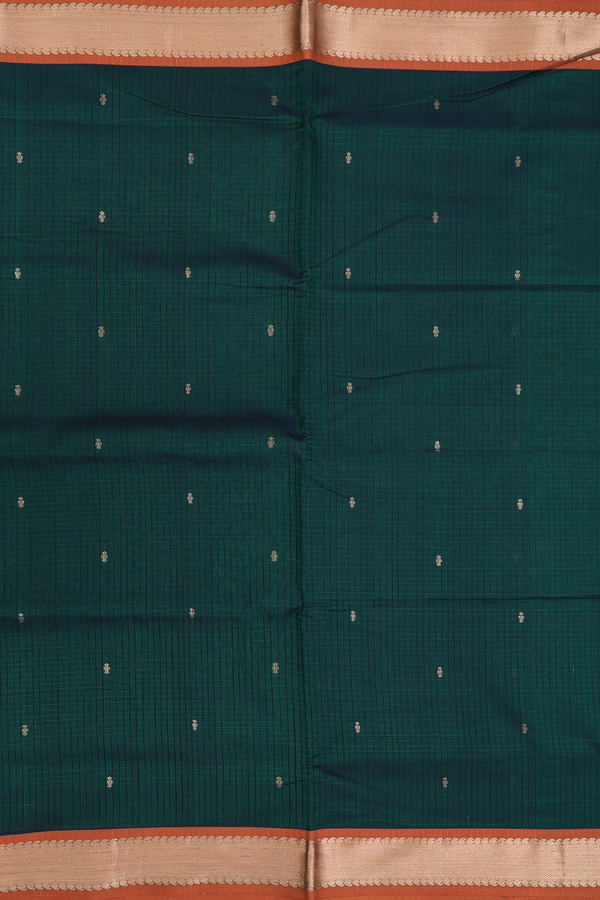 Nine Yards Silk Cotton Saree In Dark Green With Checks Design