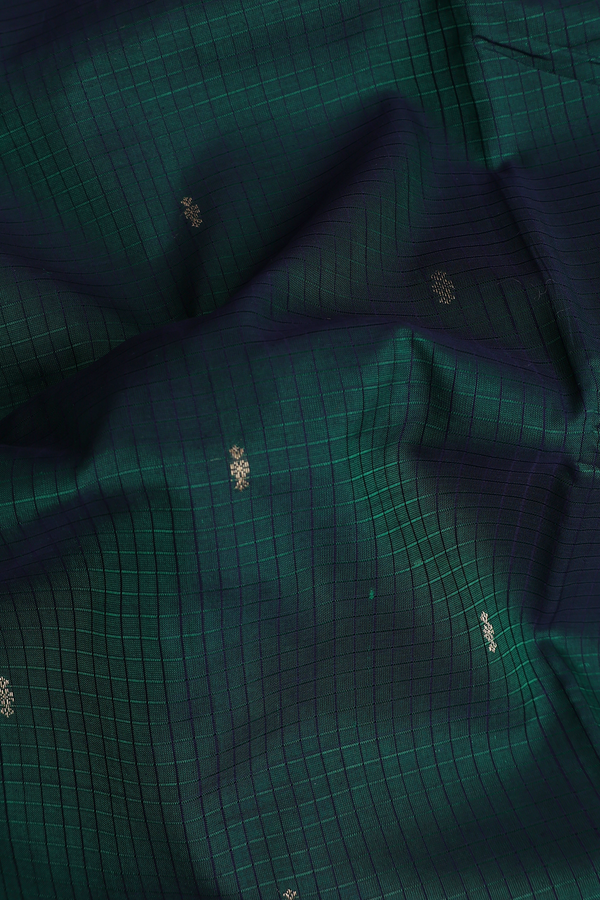 Nine Yards Silk Cotton Saree In Dark Green With Checks Design
