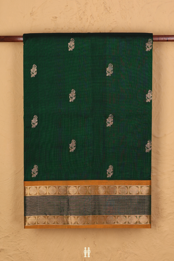 Nine Yards Silk Cotton Saree In Dark Green With Floral Buttas