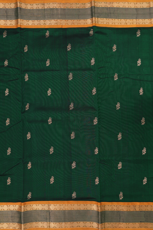Nine Yards Silk Cotton Saree In Dark Green With Floral Buttas