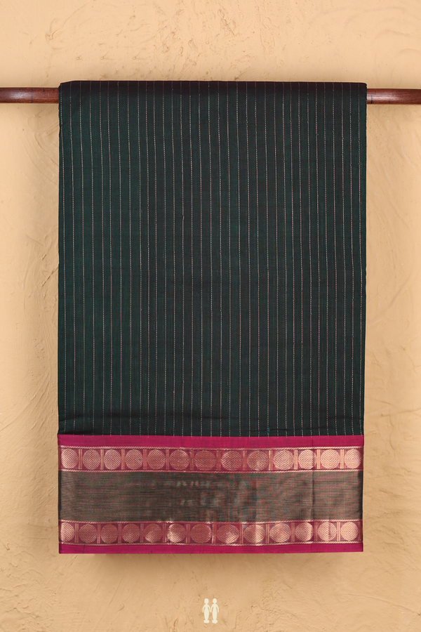 Nine Yards Silk Cotton Saree In Dark Green With Stripes Design