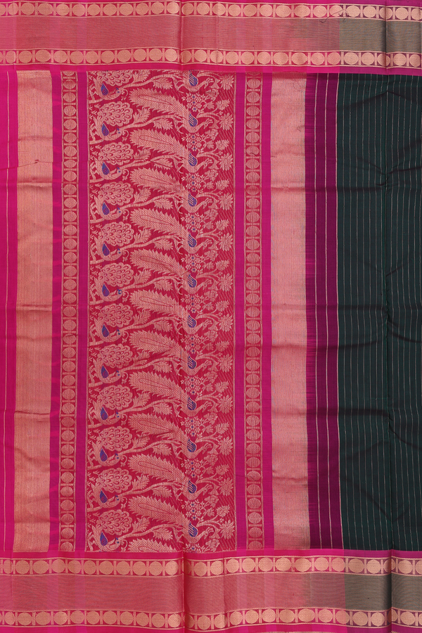 Nine Yards Silk Cotton Saree In Dark Green With Stripes Design
