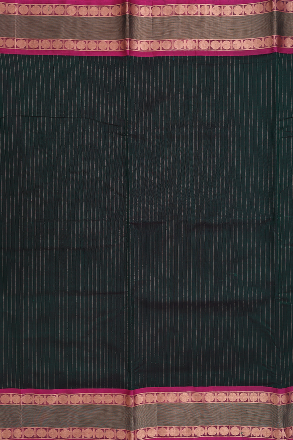 Nine Yards Silk Cotton Saree In Dark Green With Stripes Design