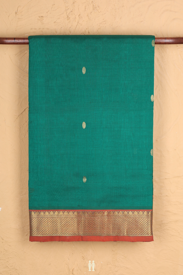 Nine Yards Silk Cotton Saree In Emerald Green With Zari Buttas